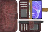 Oppo A73 5G Hoesje - Wallet Case - Oppo A73 5G Wallet Book Case Echt Leer Croco Bordeauxrood Cover