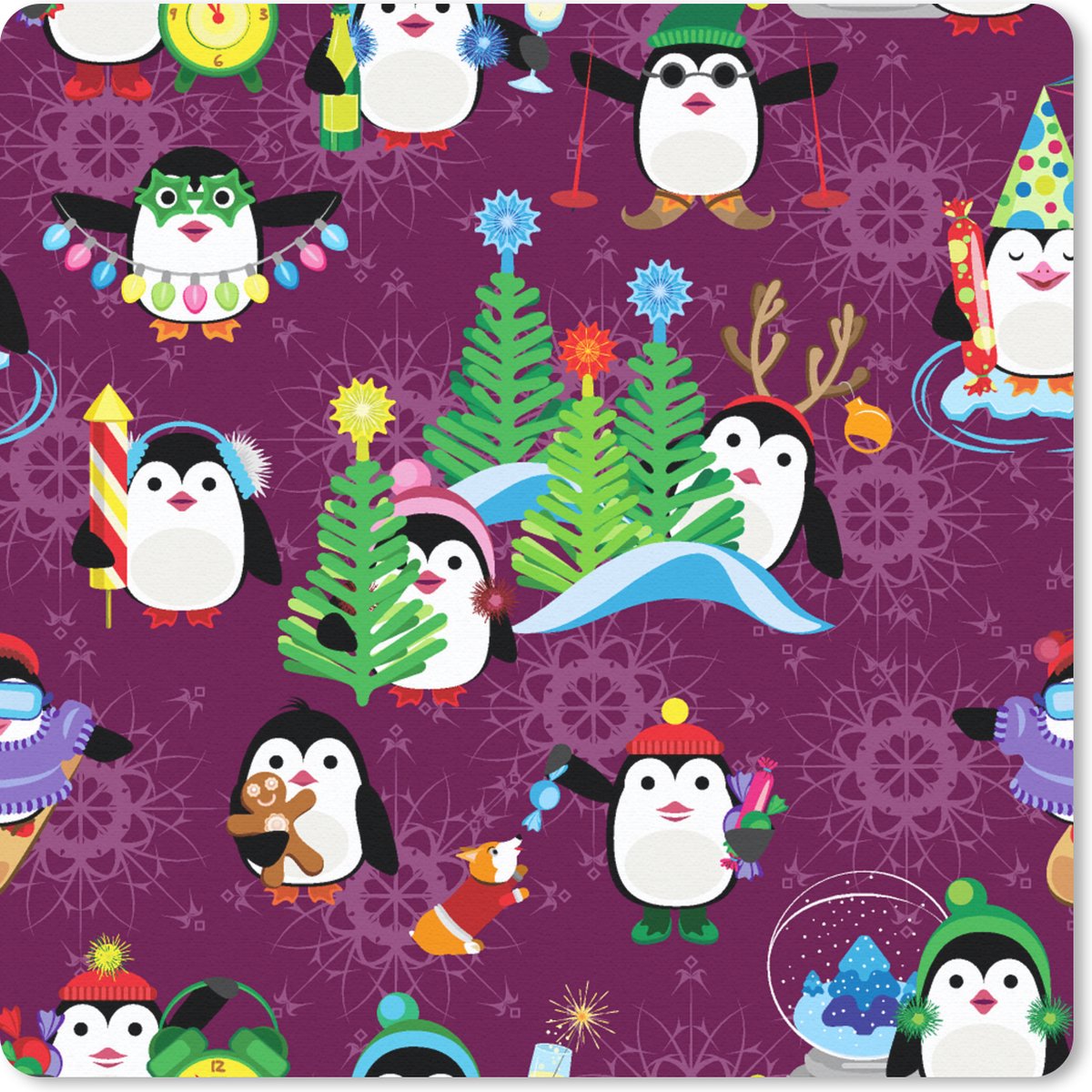 Muismat 20x20 cm - Mousepad Pinguïn - Kerstmis - Vuurwerk - Winter - Design - Muismatten