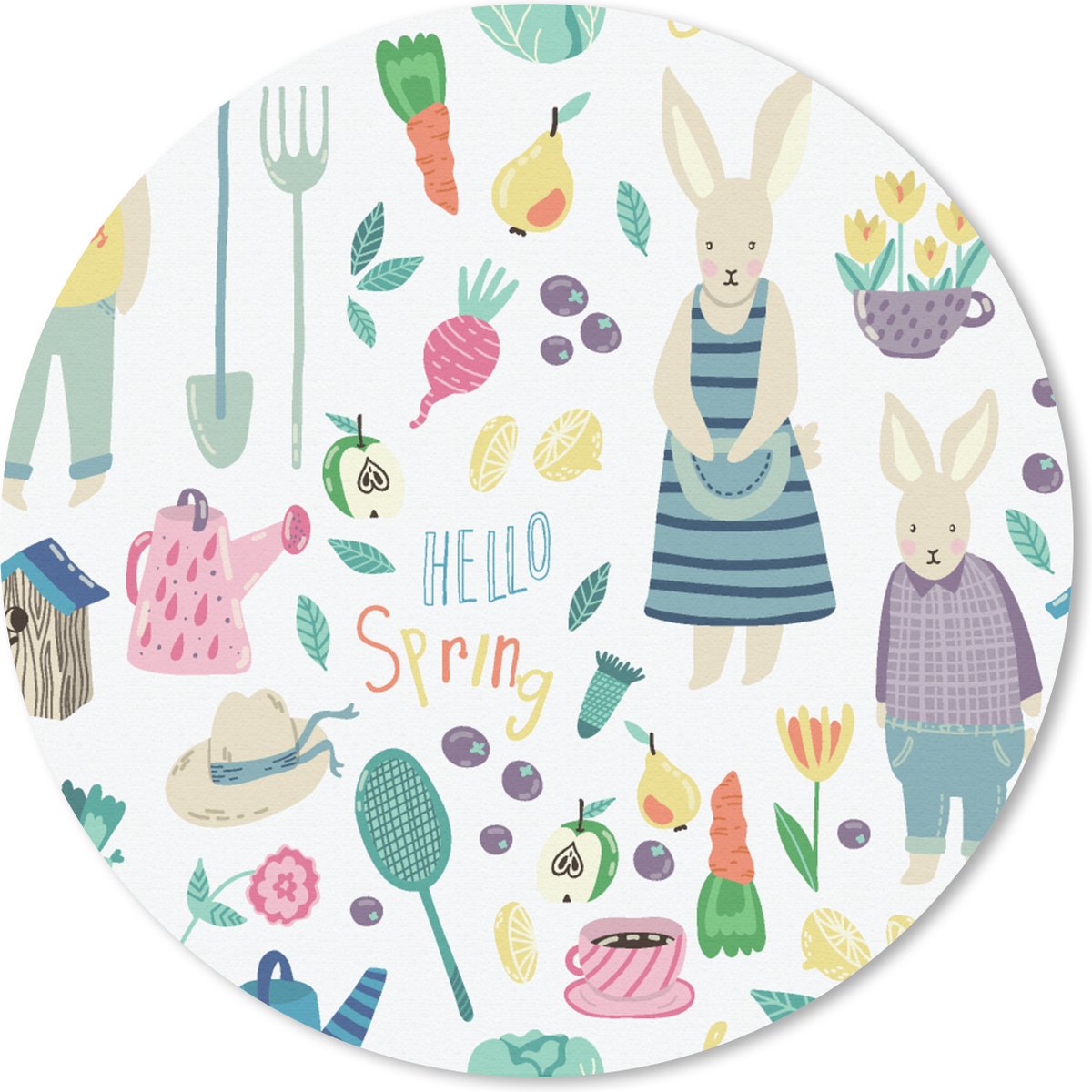 Muismat rond 40x40 cm - Mousepad Patronen - Konijn - Lente - Tuin - Ronde muismatten