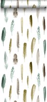 ESTAhome behangpapier veren okergeel, bruin en vergrijsd groen - 138896 - 53 cm x 10,05 m