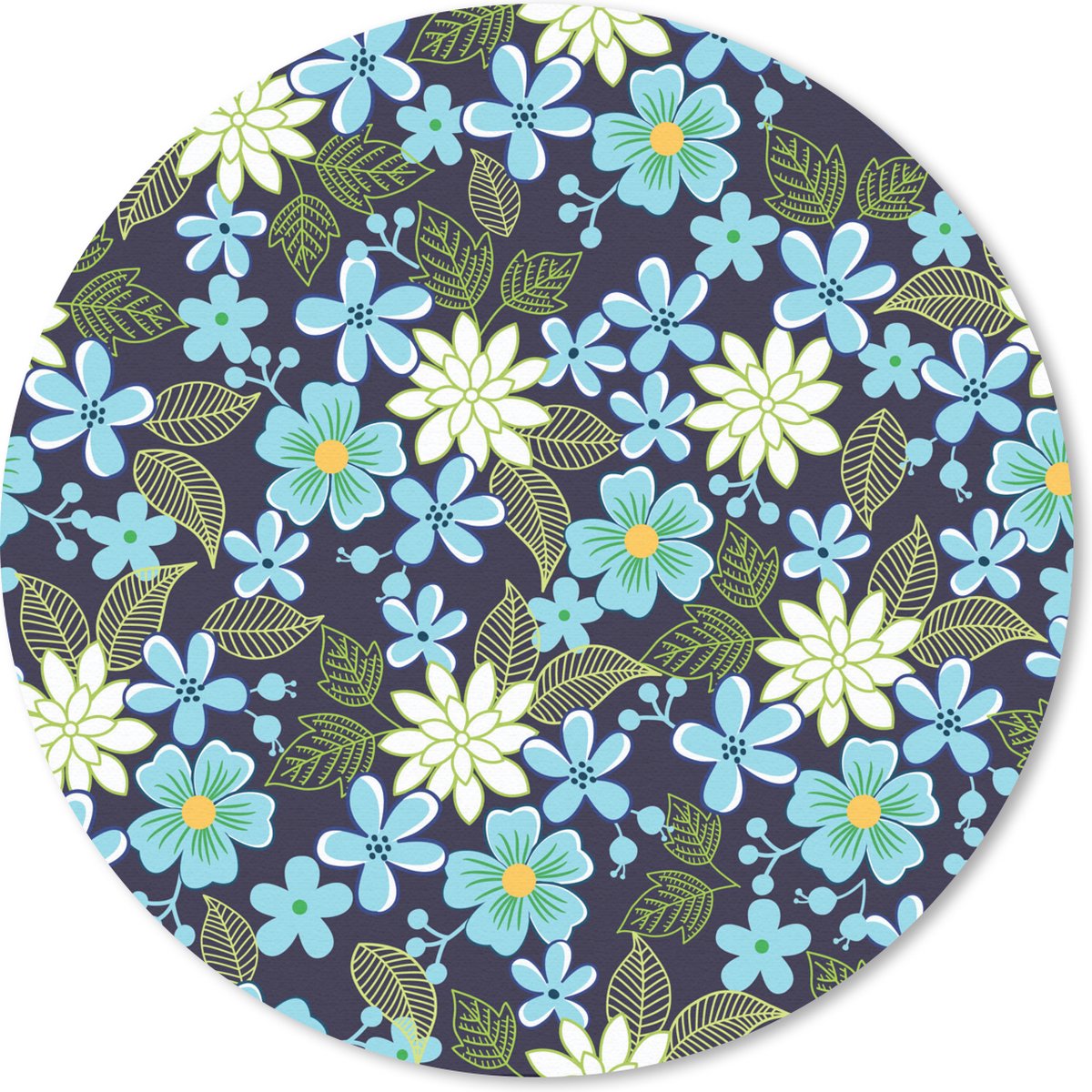 Muismat rond 20x20 cm - Mousepad Bloemen - Bladeren - Blauw - Ronde muismatten