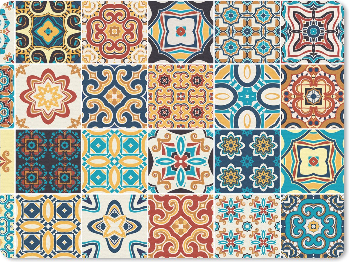 Muismat - Mousepad - Bloemen - Vintage - Patroon - Blauw - Oranje - 23x19 cm - Muismatten
