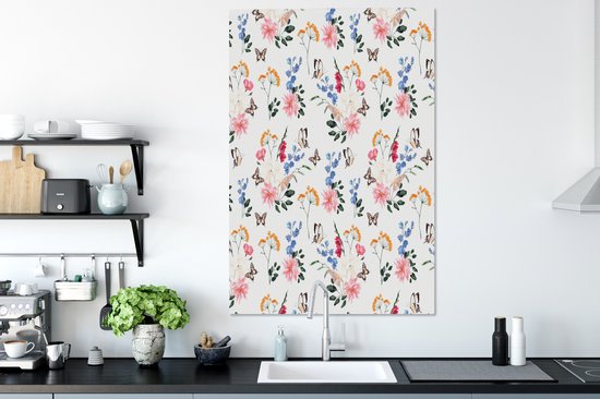 Tableau sur toile Fleurs - Papillons - Collage - 80x120 cm - Décoration murale