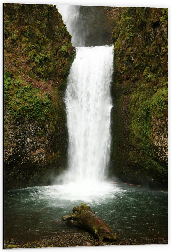 WallClassics - Dibond - Witte Waterval met Mos - 60x90 cm Foto op Aluminium (Met Ophangsysteem)