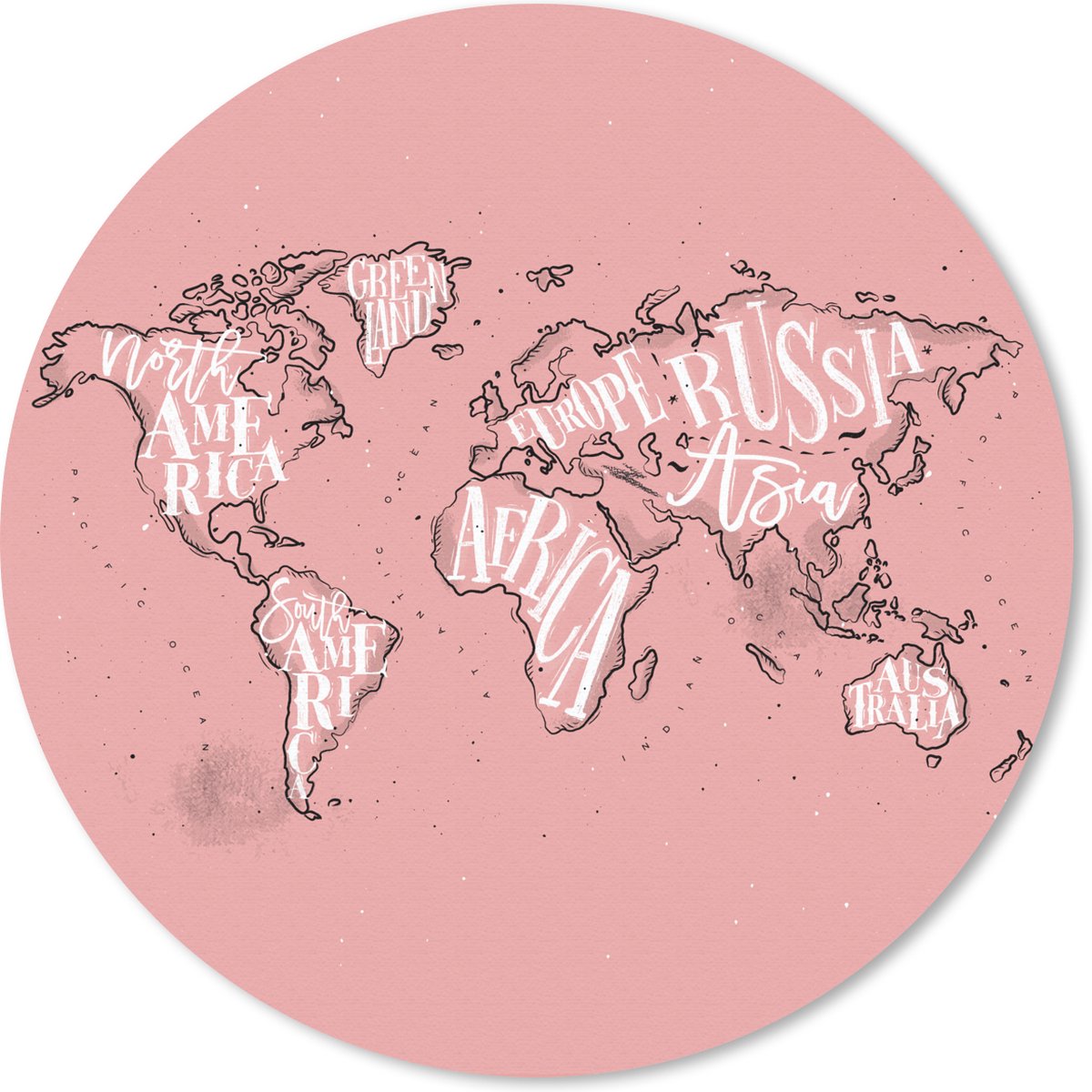 Muismat rond 30x30 cm - Mousepad Wereldkaart - Roze - Wit - Letters - Ronde muismatten