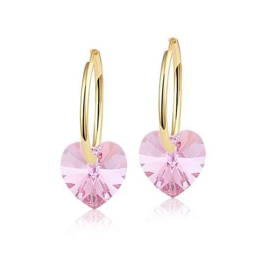 Gouden oorringen met lichtroze, hartvormige Swarovski kristallen