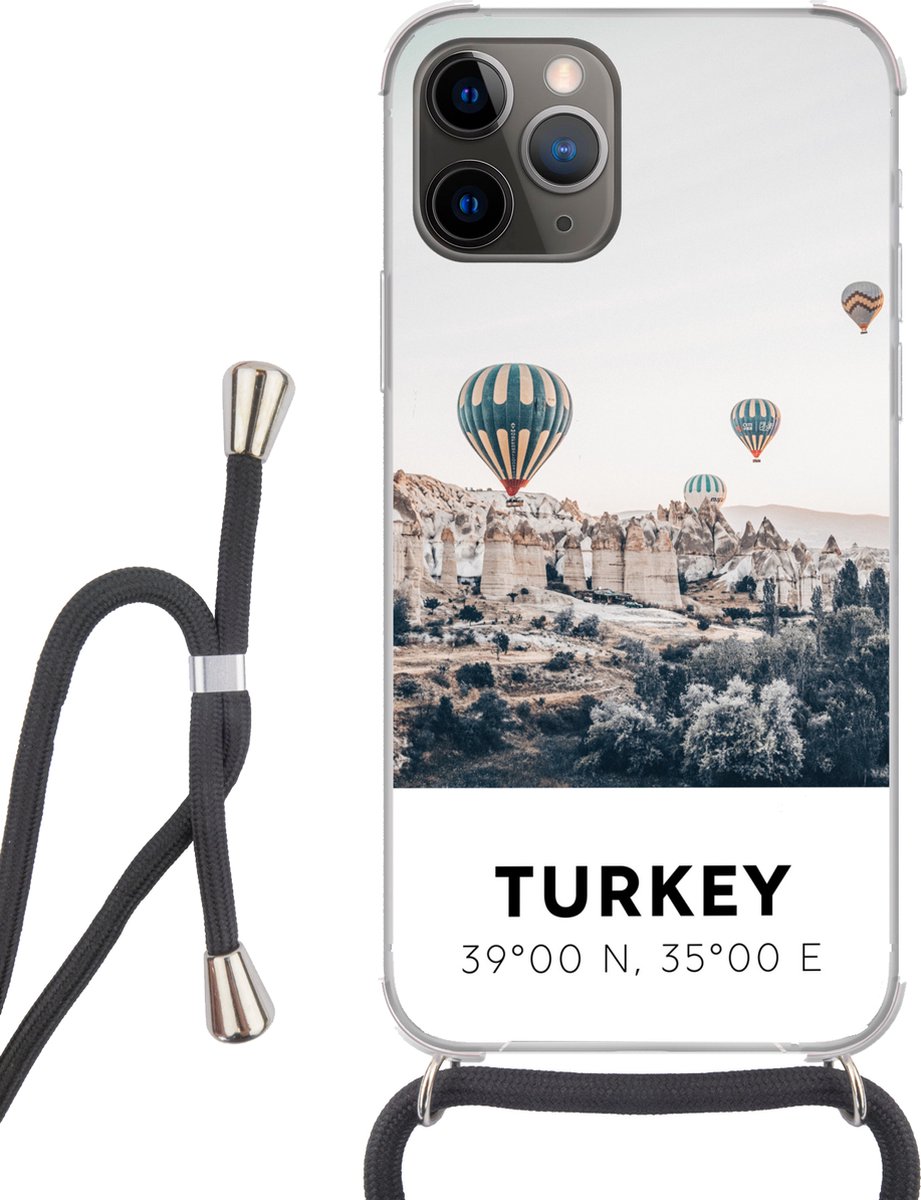 Telefoonhoesje Geschikt voor iPhone 11 Pro - Luchtballon - Turkije - Zomer - Grijs - Siliconen - Crossbody - Backcover met Koord - Telefoonhoesje met koord - Hoesje met touw Telefoonhoesje