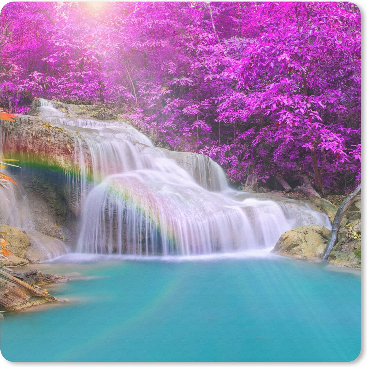 Muismat 30x30 cm - Mousepad Waterval - Bomen - Regenboog - Paars - Muismatten