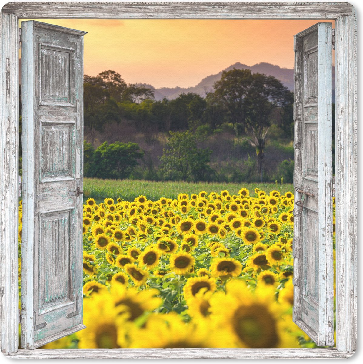 Muismat 20x20 cm - Mousepad Zonnebloem - Avond - Bloemen - Doorkijk - Muismatten