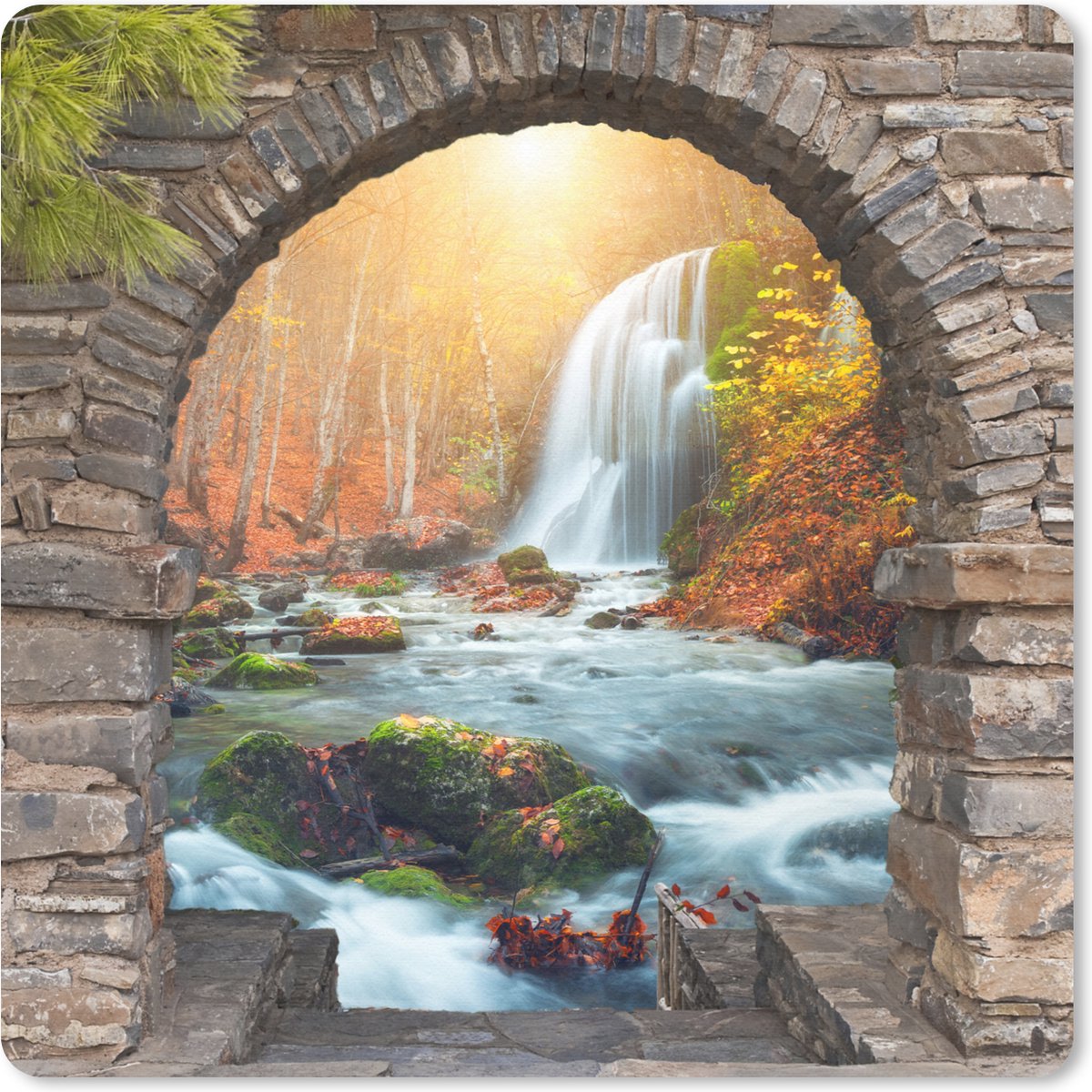 Muismat 30x30 cm - Mousepad Doorkijk - Waterval - Herfst - Landschap - Muismatten