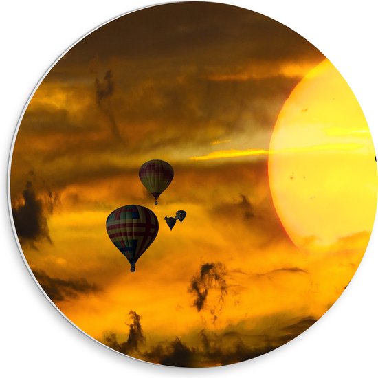 WallClassics - PVC Schuimplaat Muurcirkel - Zee van Luchtballonnen bij Zon en Wolken - 30x30 cm Foto op Muurcirkel (met ophangsysteem)