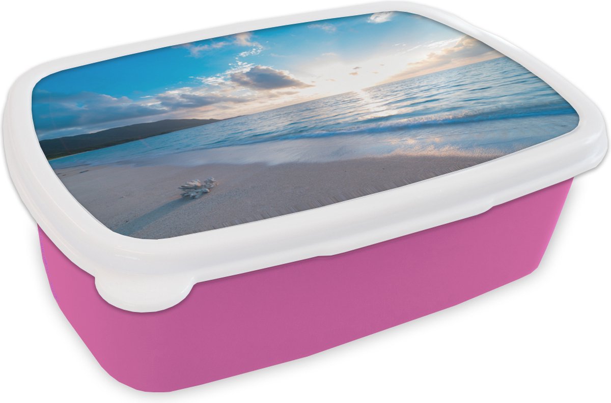 Broodtrommel Roze - Lunchbox - Brooddoos - Strand - Zee - Schelp - 18x12x6 cm - Kinderen - Meisje