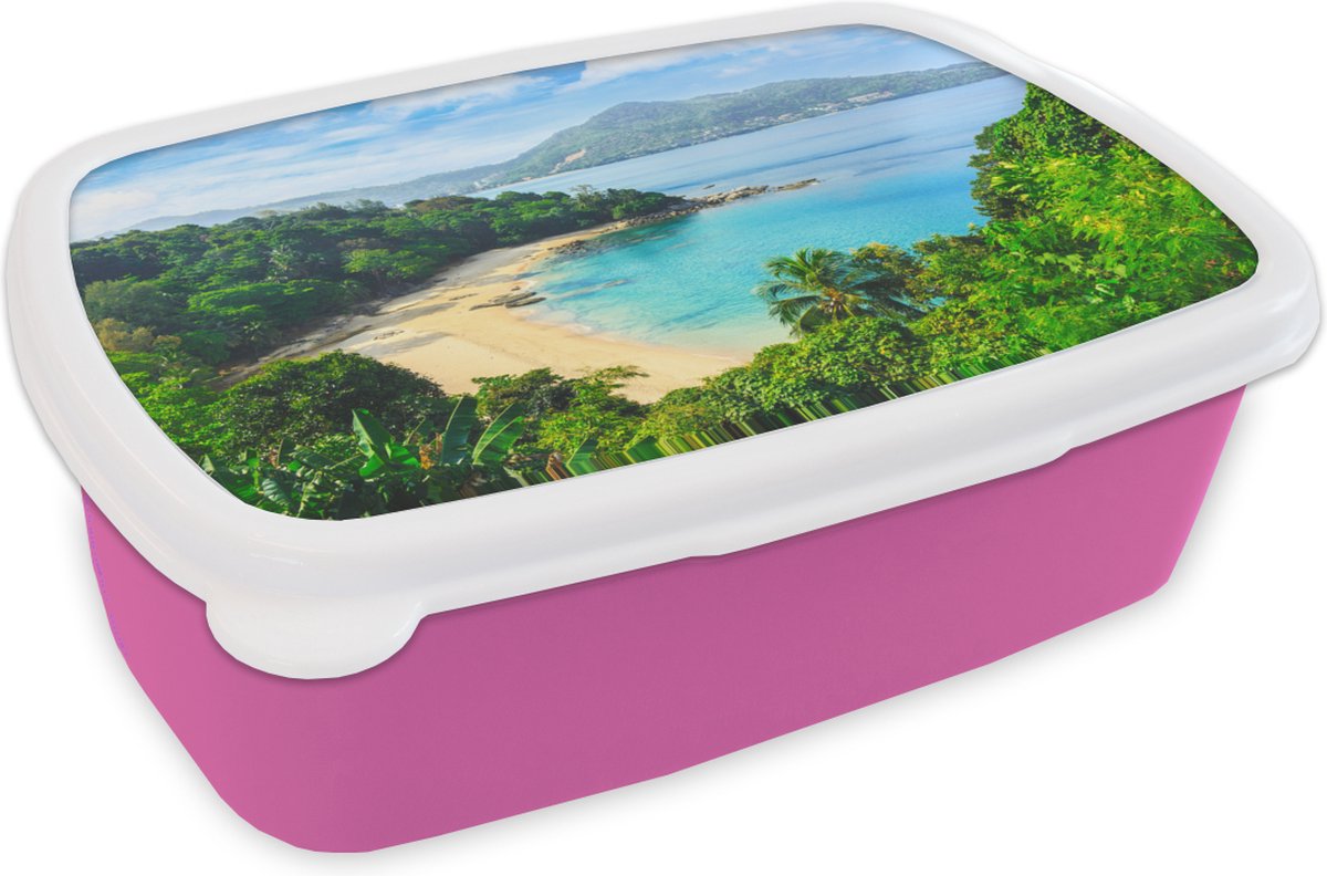 Broodtrommel Roze - Lunchbox - Brooddoos - Strand - Zee - Eiland - Boom - 18x12x6 cm - Kinderen - Meisje