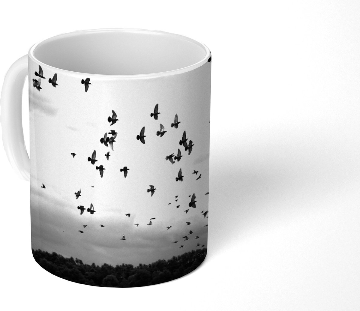 Mok - Koffiemok - Dieren - Vogels - Wolken - Zwart - Wit - Mokken - 350 ML - Beker - Koffiemokken - Theemok