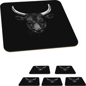 Onderzetters voor glazen - Dieren - Stier - Zwart - Wit - Portret - 10x10 cm - Glasonderzetters - 6 stuks