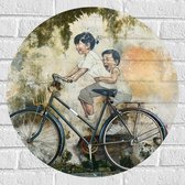 WallClassics - Muursticker Cirkel - Muurschildering van Twee Broertjes met Geparkeerde Fiets - 60x60 cm Foto op Muursticker