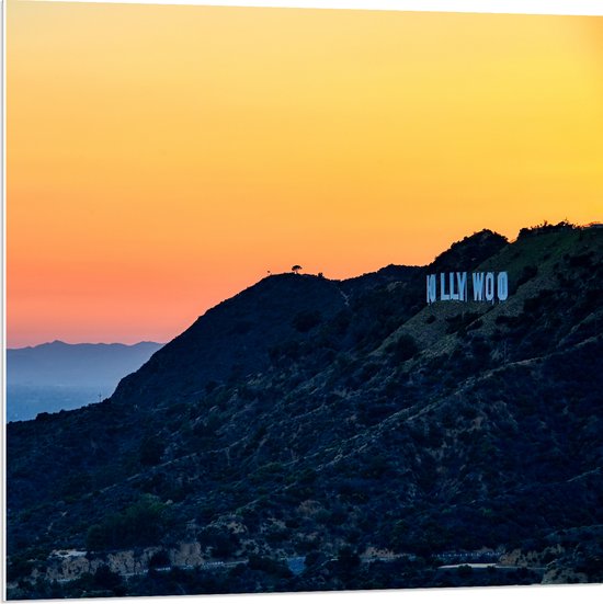 WallClassics - PVC Schuimplaat- Hollywood Sign met Zonsondergang - 80x80 cm Foto op PVC Schuimplaat