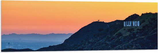WallClassics - Vlag - Hollywood Sign met Zonsondergang - 120x40 cm Foto op Polyester Vlag