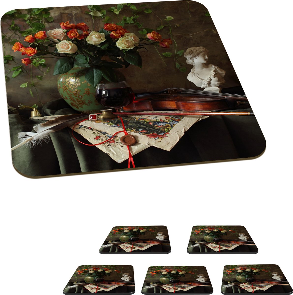 Onderzetters voor glazen - Stilleven - Rozen - Viool - 10x10 cm - Glasonderzetters - 6 stuks