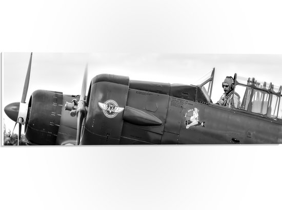 WallClassics - PVC Schuimplaat- Piloot in Klein Vliegtuigje in het zwart/wit - 60x20 cm Foto op PVC Schuimplaat