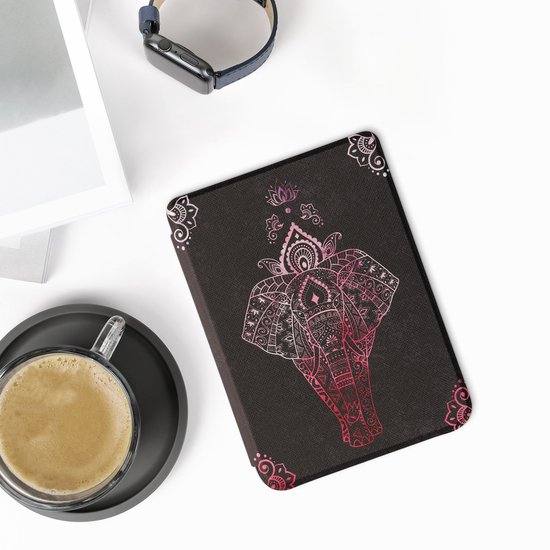 kwmobile e-reader hoesje geschikt voor Kobo Clara 2E hoes - E reader flip case met magnetische sluiting - Ereader cover - Olifantentekening design in roze / antraciet van Merkloos — afbeelding 3