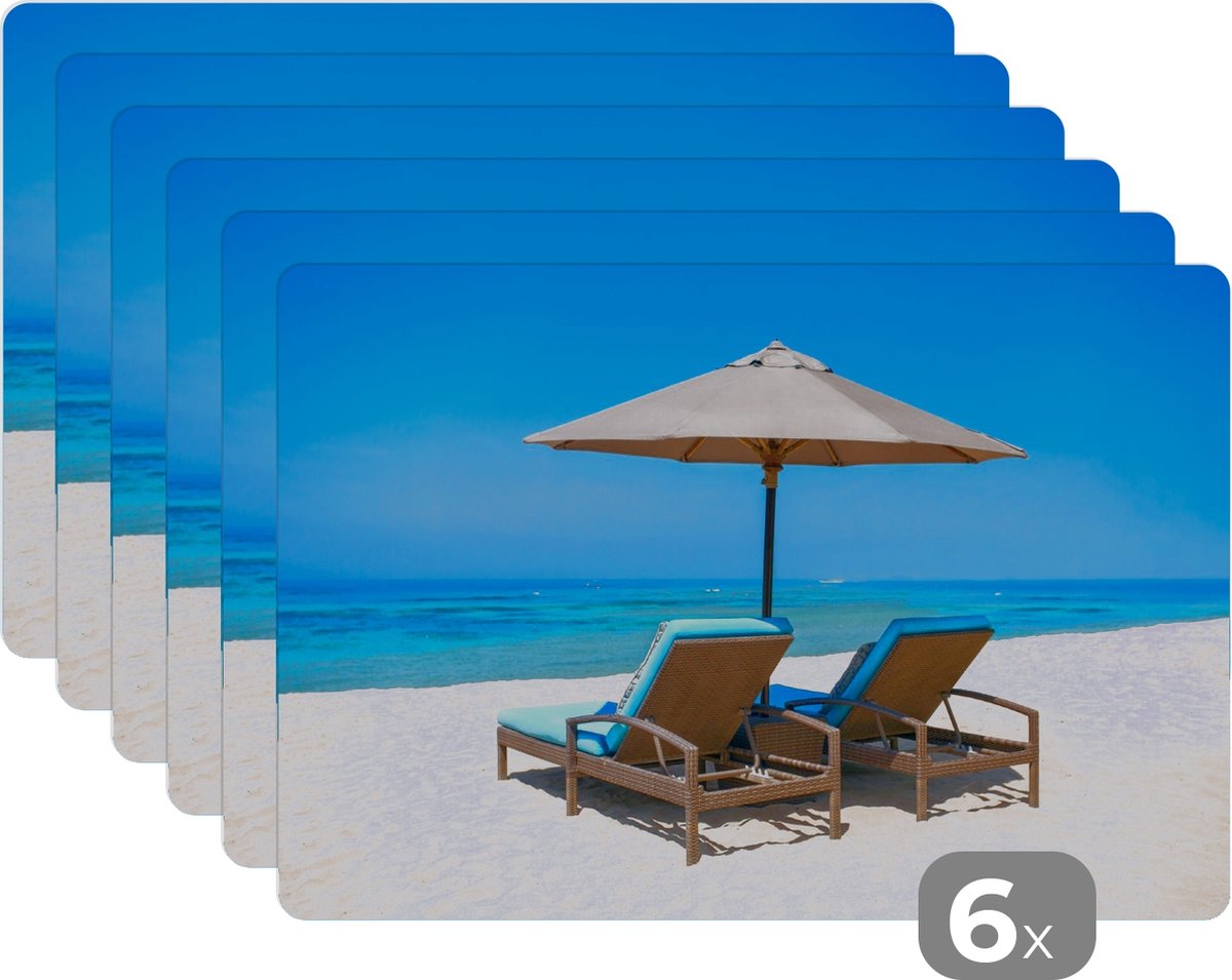 Placemat - Placemats kunststof - Strandstoel - Parasol - Zomer - Zee - 45x30 cm - 6 stuks - Hittebestendig - Anti-Slip - Onderlegger - Afneembaar