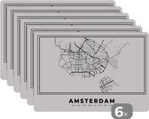 Placemat - Placemats kunststof - Nederland – Amsterdam – Stadskaart – Kaart – Zwart Wit – Plattegrond - 45x30 cm - 6 stuks - Hittebestendig - Anti-Slip - Onderlegger - Afneembaar