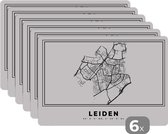 Placemat - Placemats kunststof - Stadskaart – Zwart Wit - Kaart – Leiden – Nederland – Plattegrond - 45x30 cm - 6 stuks - Hittebestendig - Anti-Slip - Onderlegger - Afneembaar