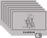 Placemat - Placemats kunststof - Plattegrond – Zaandam – Zwart Wit – Stadskaart - Kaart - Nederland - 45x30 cm - 6 stuks - Hittebestendig - Anti-Slip - Onderlegger - Afneembaar