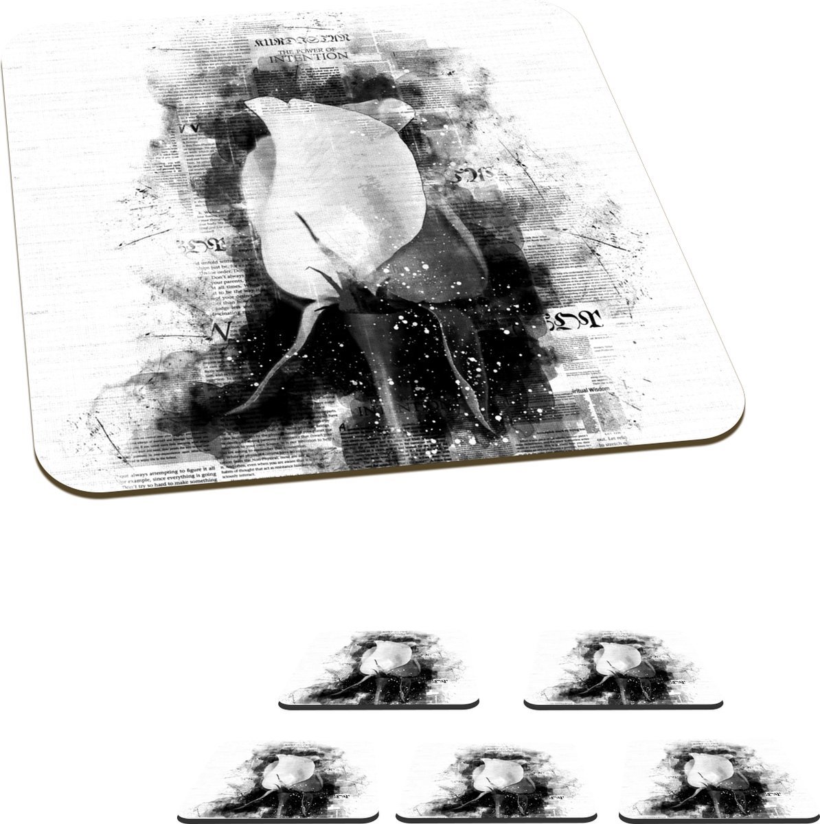 Onderzetters voor glazen - Rozen - Bloemen - Krant - Zwart - Wit - 10x10 cm - Glasonderzetters - 6 stuks