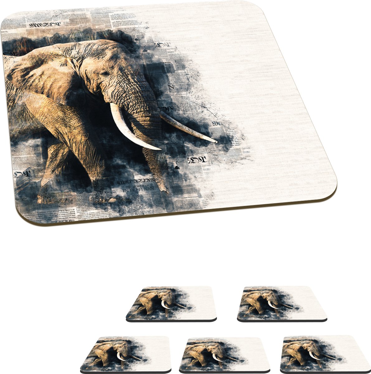 Onderzetters voor glazen - Olifant - Krant - Verf - 10x10 cm - Glasonderzetters - 6 stuks
