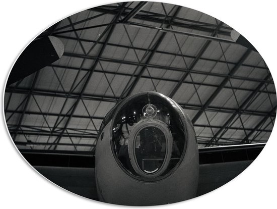 WallClassics - Plaque Ovale en Mousse PVC - Avion dans Hall d'Usine (noir/blanc) - 68x51 cm Photo sur Ovale (Avec Système d'accrochage)
