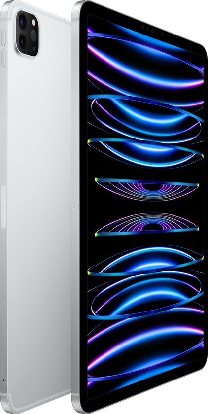 Zilverkleurige iPad Pro met een scherm vol abstracte, blauw-paarse gloeiende cirkels.