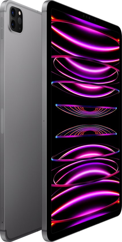 Een donkergrijze iPad Pro staat schuin. De voorkant toont abstracte paarse, roze en oranje gekleurde lijnen op een zwart scherm.