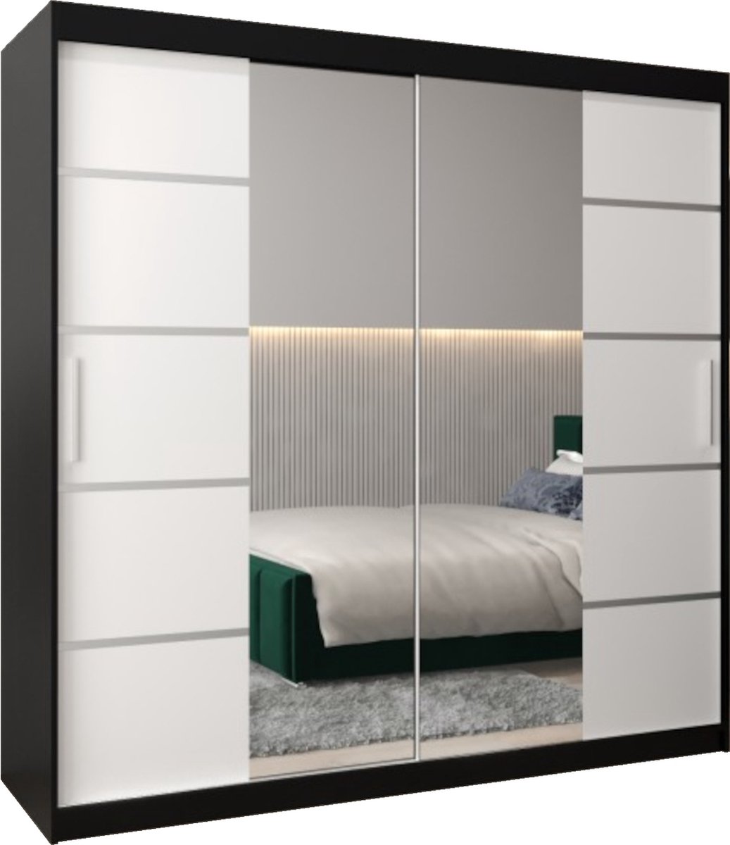 InspireME Kledingkast met 2 schuifdeuren, Modern-stijl, Kledingkast met planken (BxHxD): 200x200x62 - VENTILA IV 200 Zwart Mat + Wit Mat