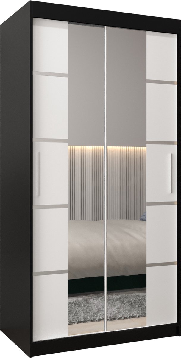 AJE Meubles B.V. InspireMe - Kledingkast met 2 schuifdeuren, Modern-stijl, Kledingkast met planken (BxHxD): 100x200x62 - VENTILA IV 100 Zwart Mat + Wit Mat met 2 lades