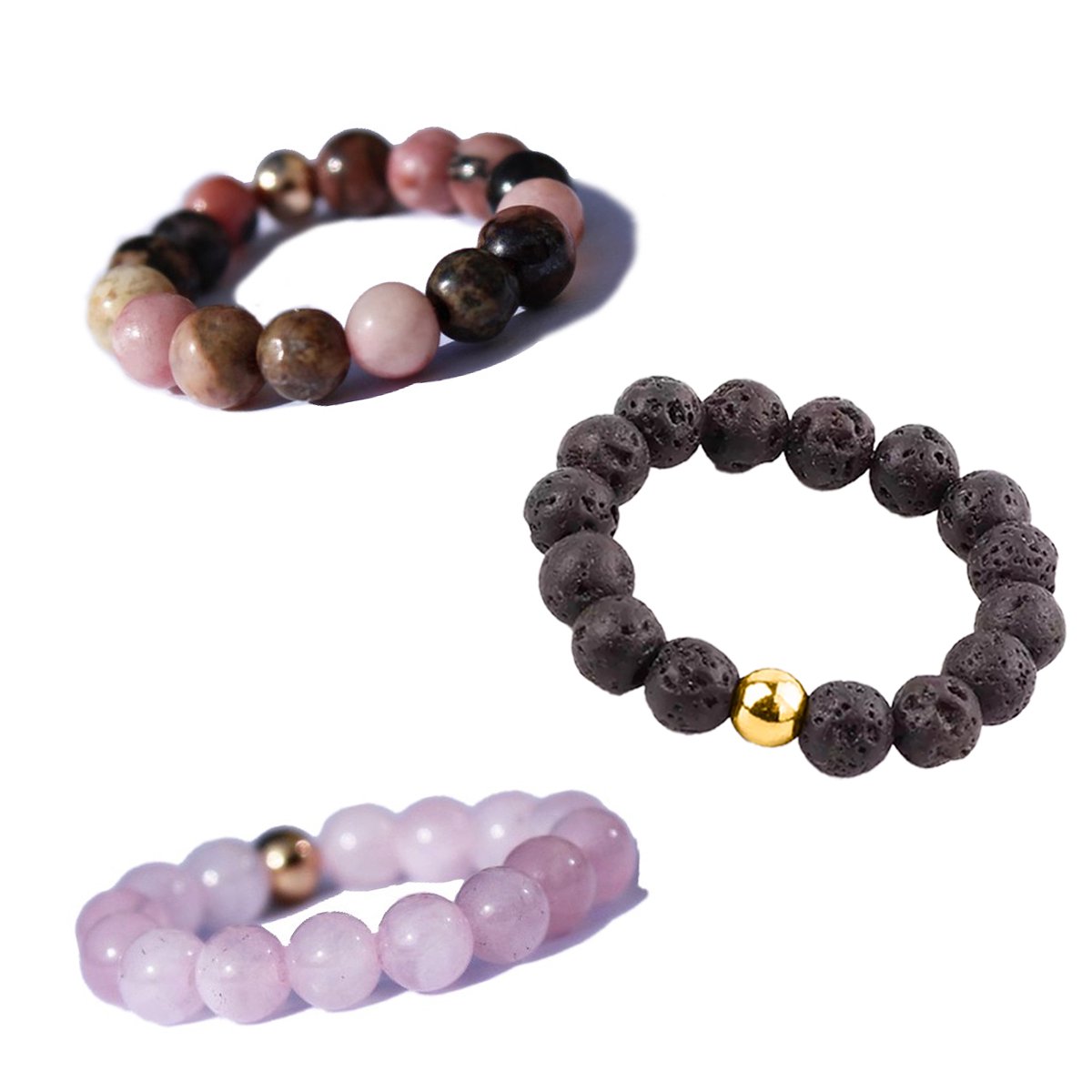 Bixorp Gems Edelstenen Ringen Set Matrix Rhodoniet + Lavasteen + Rozenkwarts - Kralenring