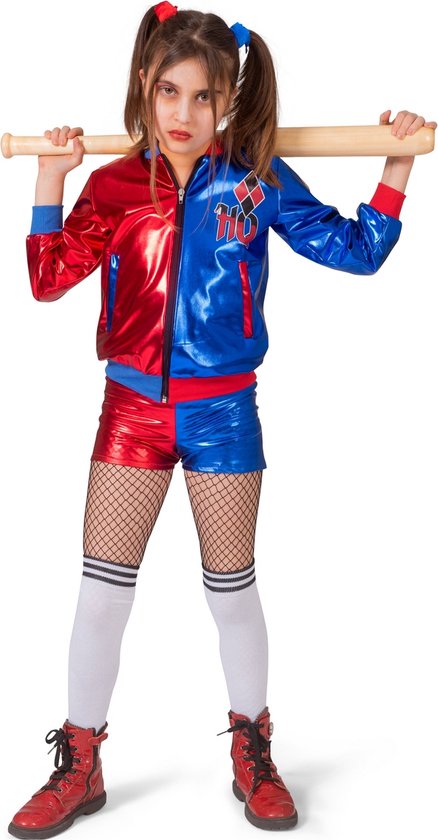 Funny Fashion - Harley Quinn Kostuum - Komische Harley - Meisje -  blauw,rood - Maat... | bol.com