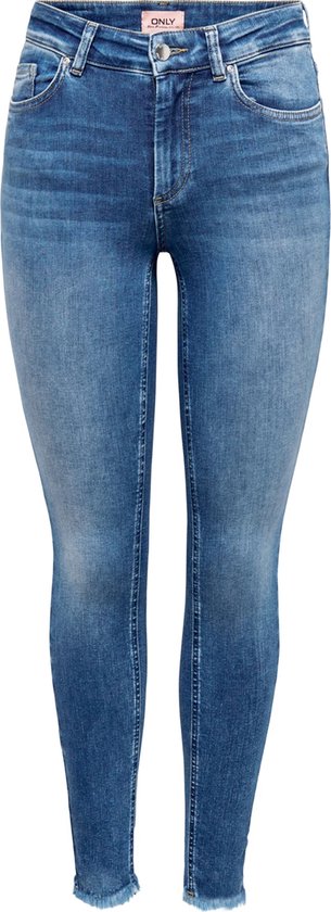 Spijkerbroek met hoge taille, blauwe denim met lichte wassing en rafelige zoom.