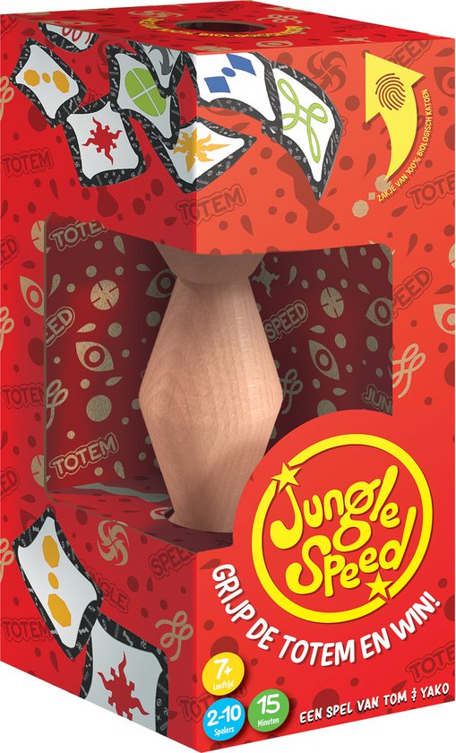De rode verpakking van Jungle Speed toont een houten totem en kaarten met diverse symbolen, met de tekst "Grijp de totem en win!".