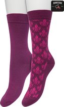 Bonnie Doon Dames Sokken set Donker Paars maat 36/42 - 2 paar - Effen - Lelie Bloem - Print - Gladde Naden - Brede Boord - Uitstekend Draagcomfort - 2-pack - Multipack - Effen - Fleur de Lis - Paars/Roze - Crushed Violets - OL221504.192