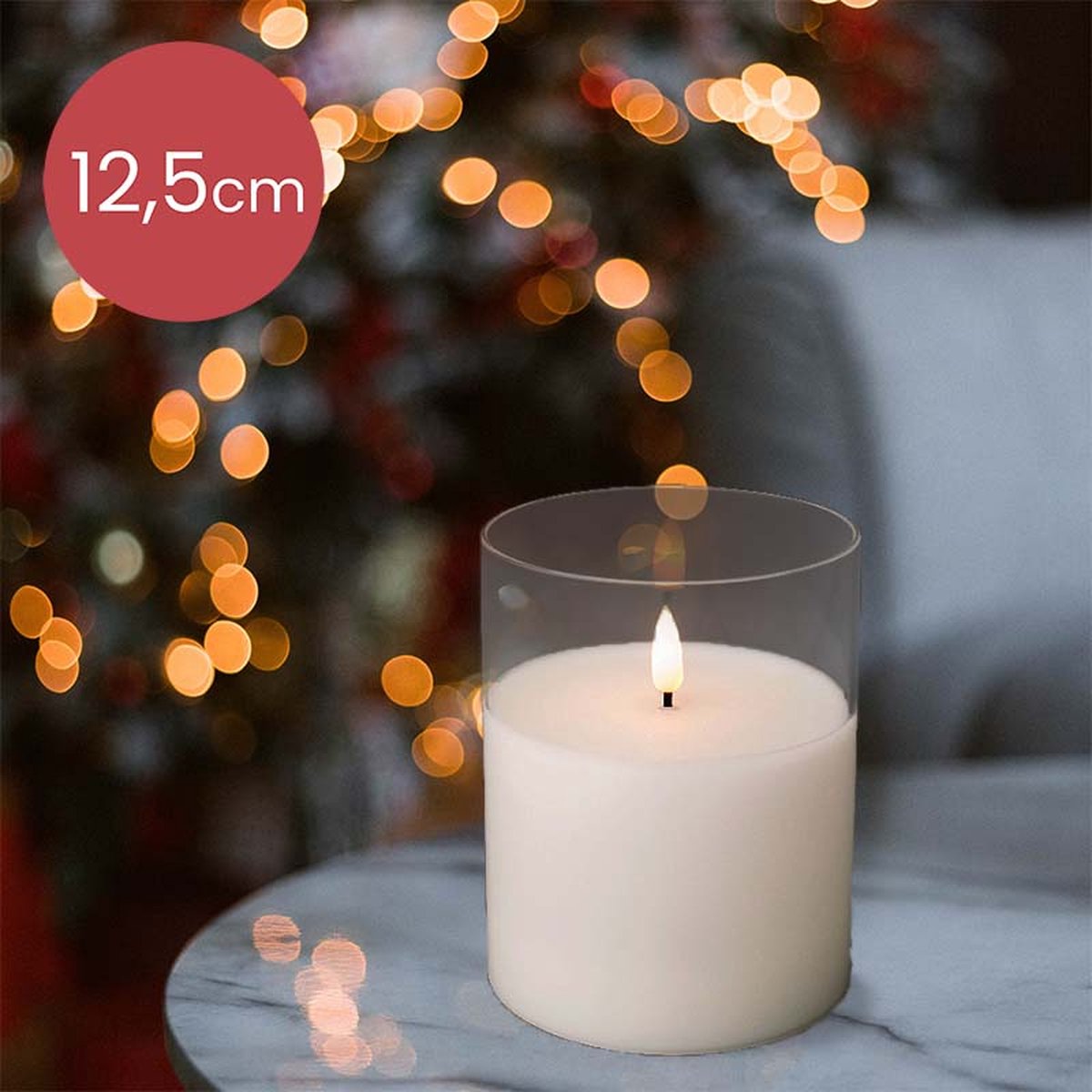 Lumineo LED kaars wit met helder glas en vlam effect - 10 x 12,5cm - voor binnen