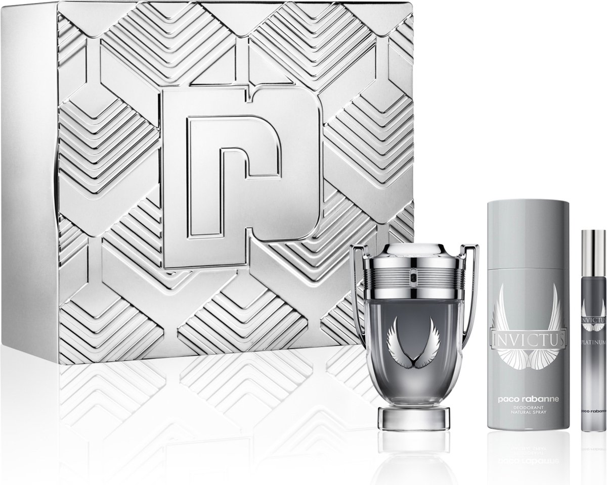 Paco Rabanne Invictus Platinum giftset - 100 ml eau de parfum spray + 10 ml eau de parfum spray + 150 ml deospray – cadeauset voor heren