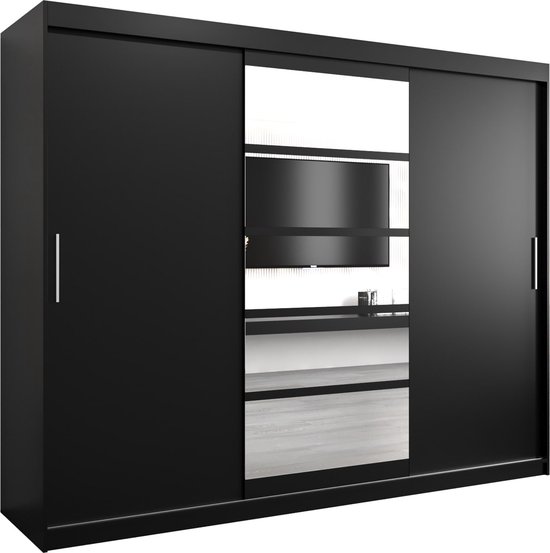 InspireMe - Kledingkast met 3 schuifdeuren, Modern-stijl, Een kledingkast met planken en een spiegel (BxHxD): 250x200x62 - VENEZIA I 250 Zwart Mat mat 4 lades