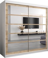 InspireMe - Kledingkast met 2 schuifdeuren, Modern-stijl, Een kledingkast met planken en een spiegel (BxHxD): 200x200x62 - VENEZIA II 200 Wit Mat + Sonoma Eik