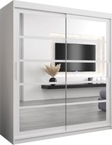 InspireMe - Kledingkast met 2 schuifdeuren, Modern-stijl, Een kledingkast met planken en een spiegel (BxHxD): 180x200x62 - VENEZIA II 180 Wit Mat met 4 lades