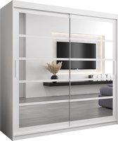 InspireMe - Kledingkast met 2 schuifdeuren, Modern-stijl, Een kledingkast met planken en een spiegel (BxHxD): 200x200x62 - VENEZIA II 200 Wit Mat met 4 lades
