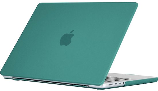 Donkergroene MacBook Pro case met Apple logo, deels geopend, met zichtbare poorten.