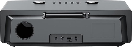 Achterkant van een zwart radio-apparaat met luidspreker, AUX IN, USB en DC IN aansluitingen.