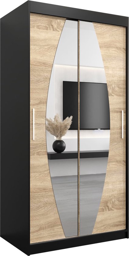 Moderne schuifdeurkast met panelen in Sonoma eik-look en spiegel, met decoratie.